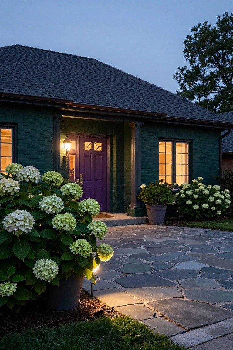 Dark green brick house exterior with purple front door, white hydrangea bushes on either side, stone pathway, and lantern light at dusk.