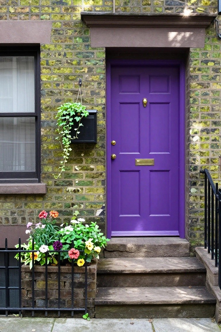Green brick townhouse facade with a purple paneled front door, gold knocker and letterbox, ivy planter beside it, and colorful flowers in a railing planter at the base of stone steps.