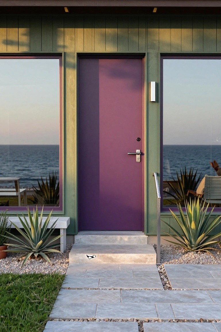 Front exterior of a green wood-sided house with a centered purple door flanked by two large reflective windows overlooking the ocean, agave plants on a stone bench nearby, gravel mulch, and concrete steps leading to a paver path.