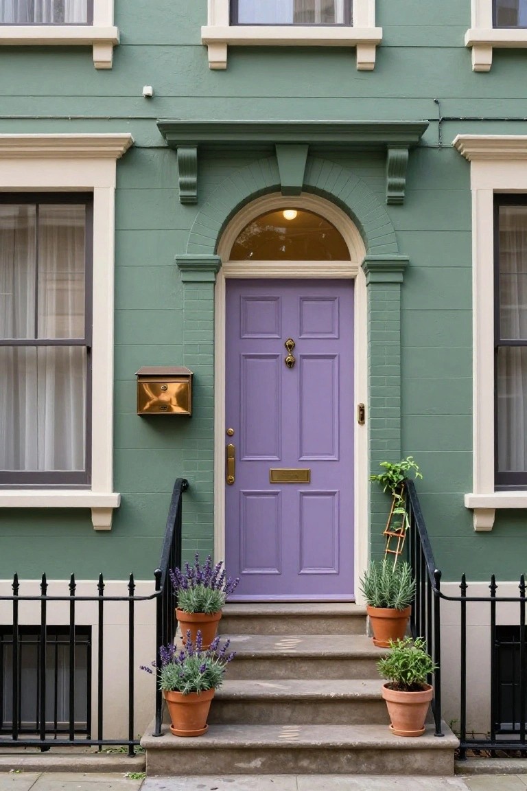 Seafoam green painted house facade with arched transom window, purple paneled front door with brass knocker and letterbox, potted lavender and herbs on stone steps, black wrought-iron railing, and white trim around windows.