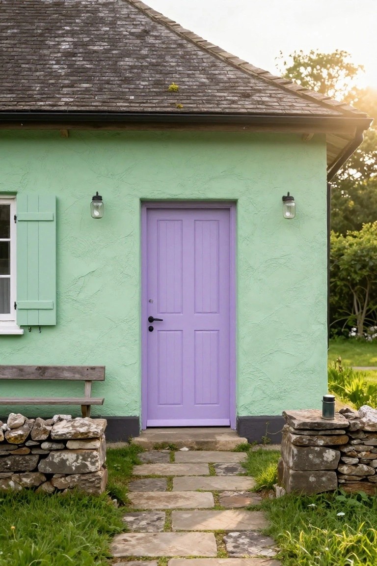 Mint green plastered cottage exterior with purple front door, green shutters on side window, wall lanterns, wooden bench, stone walls, slate path, and surrounding grass and plants.