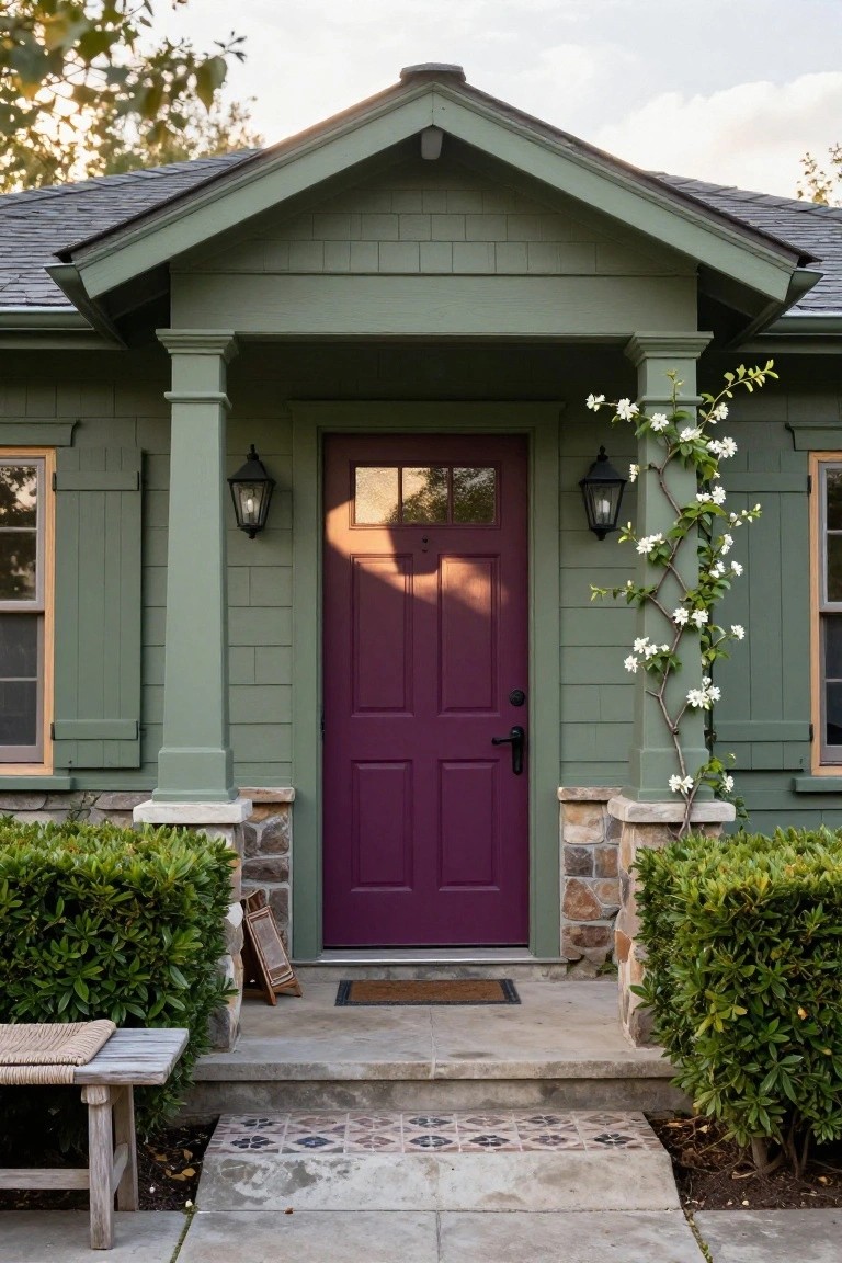 Front view of a sage green shingled Craftsman bungalow with a deep purple paneled front door, flanked by white columns with climbing white flowers, wall lanterns, stone bases, boxwood shrubs, a wooden bench, and a tiled entry path.