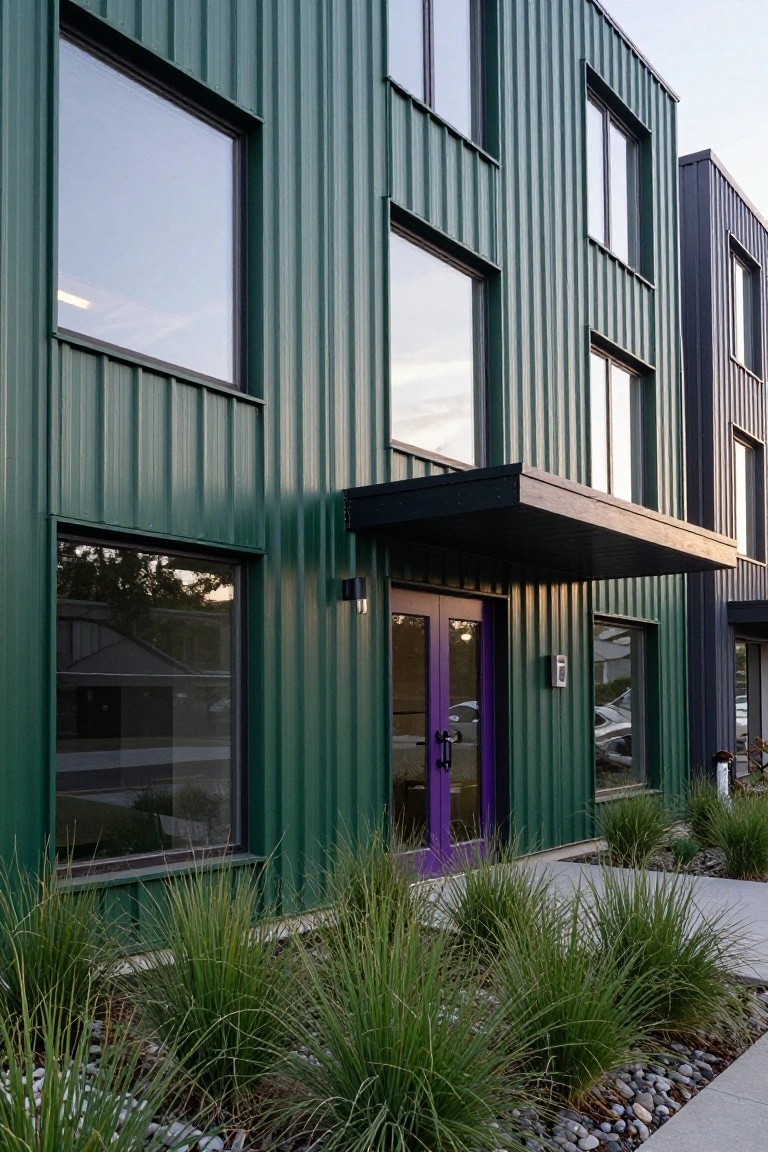 Green corrugated metal exterior of a modern house with large windows, purple double front doors under a black awning, adjacent dark building, and low grasses with rocks in front.