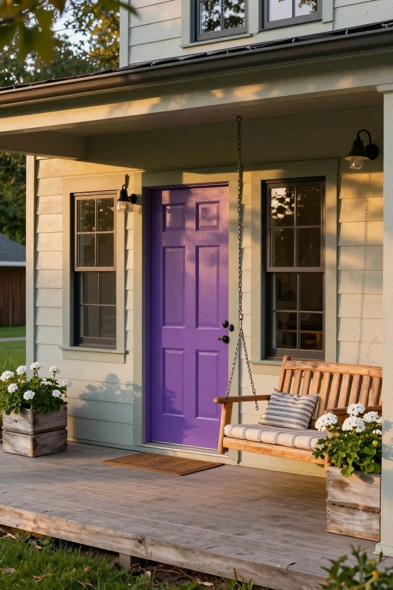 Sage green clapboard house exterior with purple paneled front door, black lanterns, hanging wooden porch swing with cushions, and wooden planters holding white flowering plants on the porch deck.