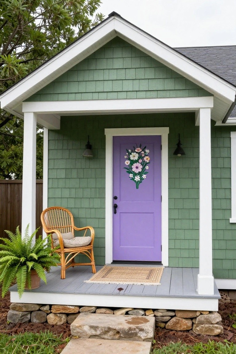 Green shingled cottage exterior with purple front door decorated with a flower wreath, rattan armchair and potted fern on the porch, white porch posts, lanterns, seagrass rug, and stone steps leading to grass and trees.
