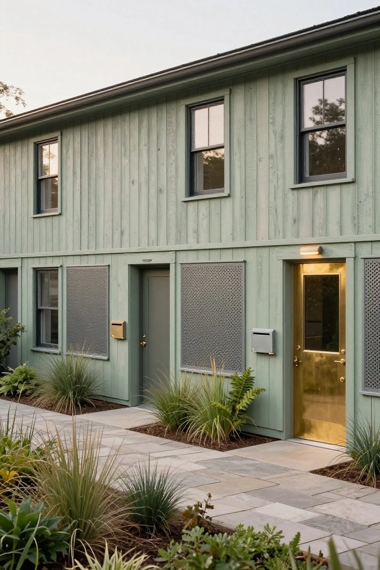 Sage green vertical wood siding on a house exterior with a prominent gold brass entry door, flanked by louvered panels and mailboxes, stone pathway, and low grasses in front.