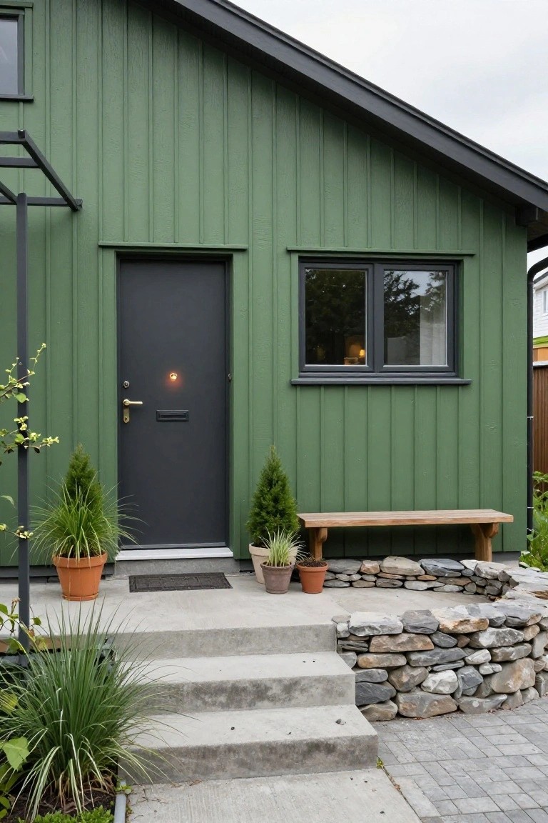 Green vertical wood siding on a gabled house exterior with black front door, dark-framed window, concrete entry steps, potted plants, wooden bench, and stone retaining wall beside a paved path.