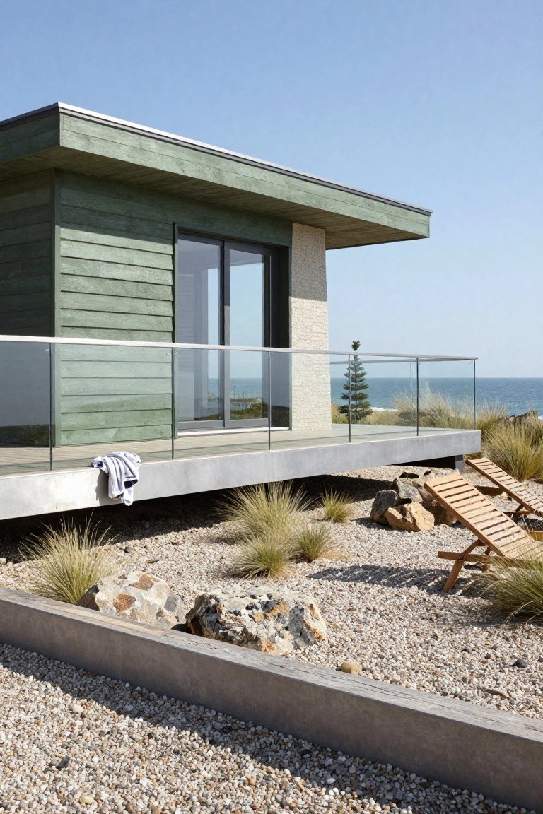 Green wooden cabin elevated on a concrete platform with glass balcony railing, overlooking the ocean, surrounded by dune grasses, rocks, and pebble ground with wooden lounge chairs on the deck.