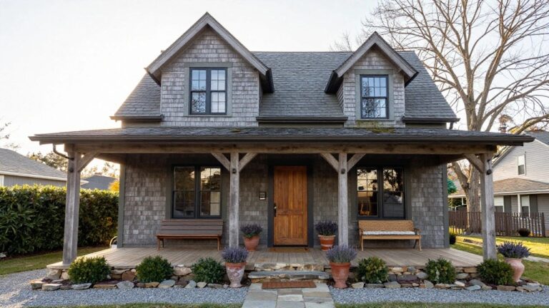 Sage green shingle-sided cottage house with gabled roof, wooden front porch supported by timber posts, paneled door, bench, lanterns, flanked by boxwood shrubs and potted lavender plants, stone entry steps to gravel path.