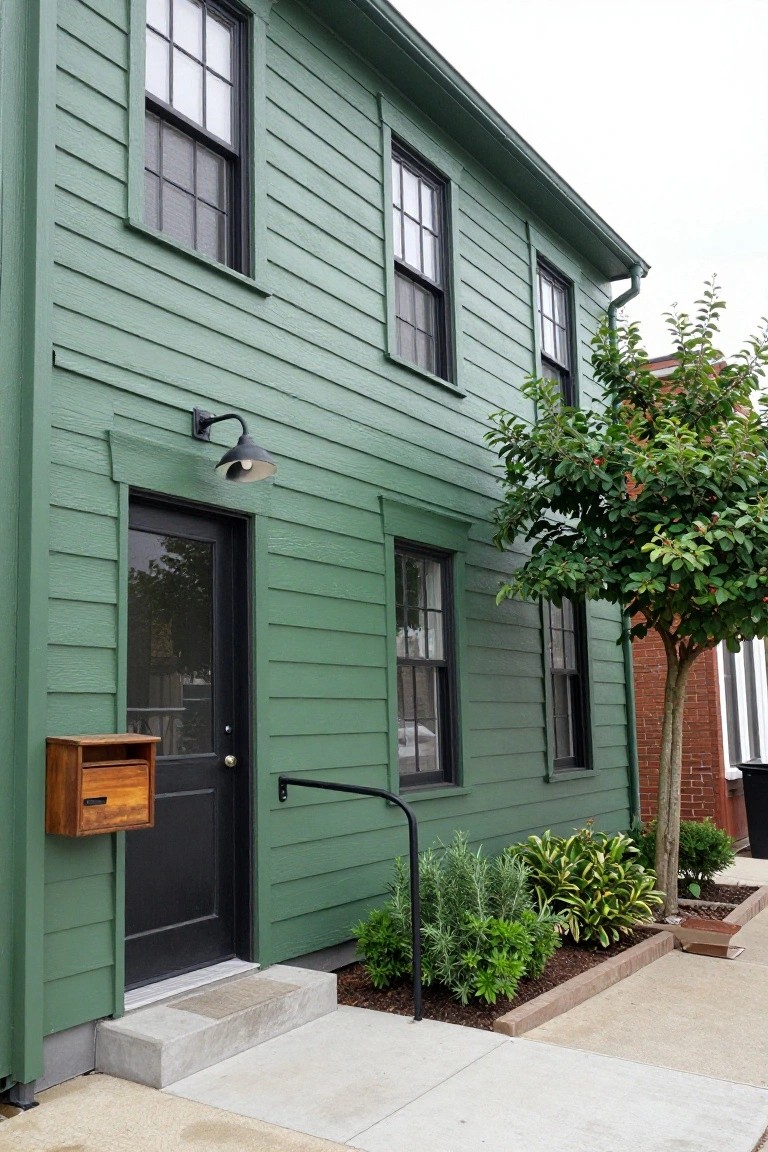 Corner view of a two-story house with green clapboard siding, black-framed windows, black front door, wooden mailbox, exterior wall light, metal handrail, steps, and small landscaped bed with plants next to a tree and sidewalk.