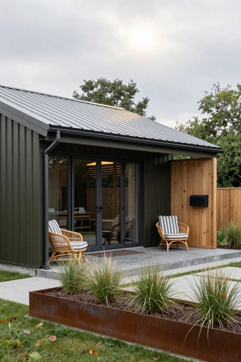 Small dark green corrugated metal shed with black-framed sliding glass doors, wooden accent wall with mailbox, two rattan chairs on concrete patio, corten steel planter with grasses, and backyard fencing.