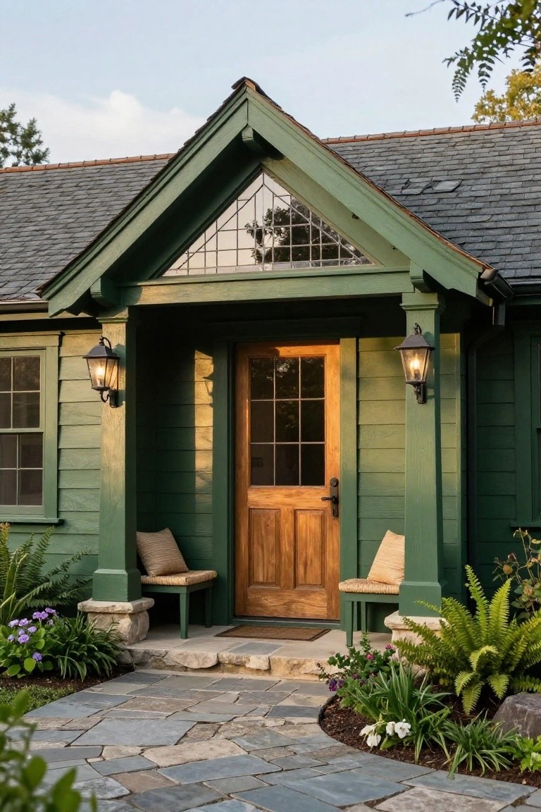 Front porch of a green wood-shake sided house with gabled entry, wooden door, black lanterns, built-in benches with cushions, stone steps, and plants along a flagstone path.