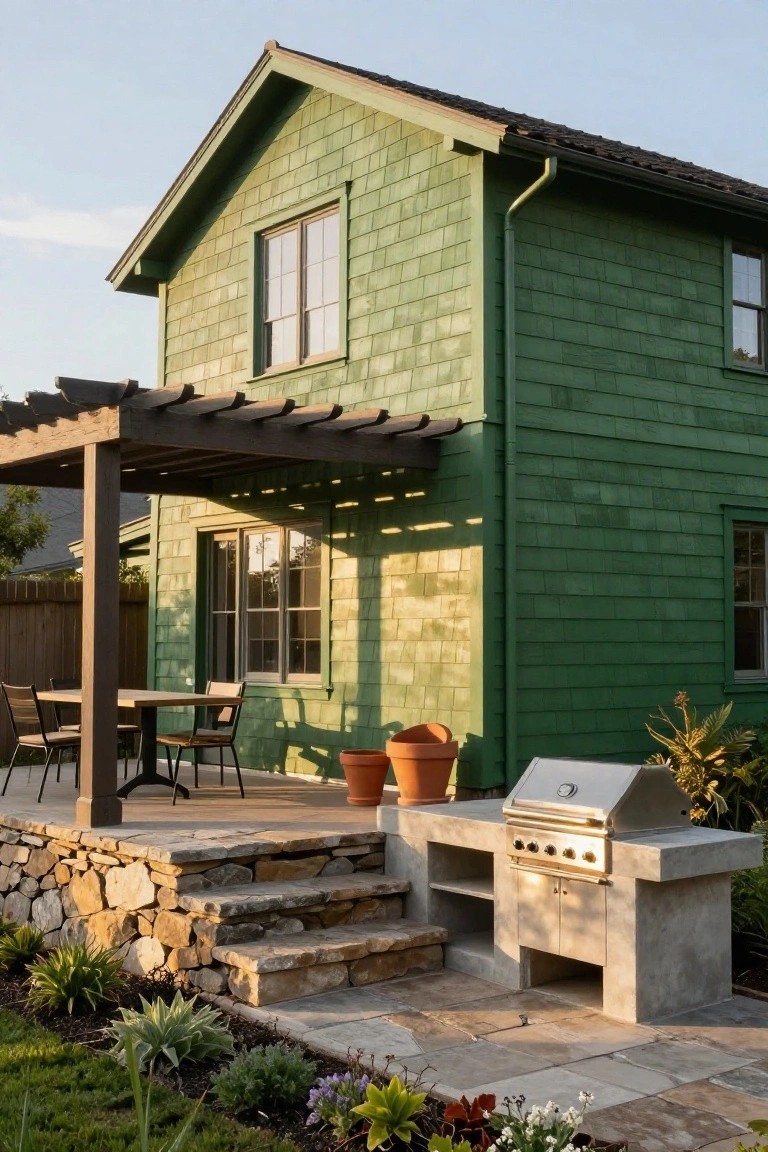 Side exterior of a two-story green shingled wood house with attached pergola-covered patio, wooden dining table and chairs, built-in stainless steel barbecue grill on concrete counter, stone retaining wall with steps, and low plants in the yard.