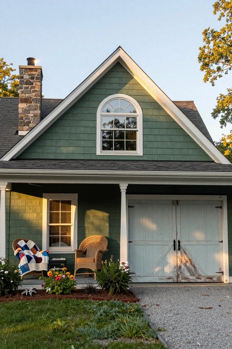 Front exterior of a two-story house with green wood shingle siding, gabled roof, stone chimney, covered porch with wicker chairs and a quilt, white double garage doors, flower pots, garden beds, and gravel driveway under autumn trees.