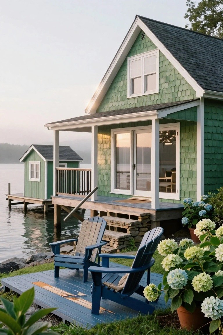 Green shingled wood house with white trim, porch, and blue Adirondack chairs on a deck by a lake, small matching boathouse on a dock, and potted white hydrangeas.