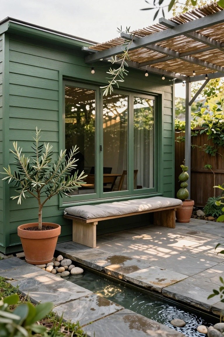 Green wood-sided garden studio with sliding glass doors, outdoor bench, potted olive tree, pergola with string lights, potted plants, and stone-lined water feature on a slate patio.