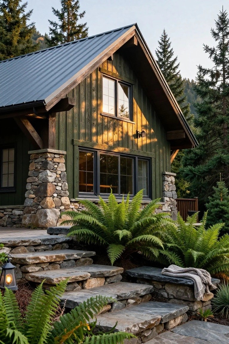 Green wooden cabin with dark metal roof, stone pillars, and flagstone steps leading to the entrance amid ferns and pine trees on a wooded hillside.