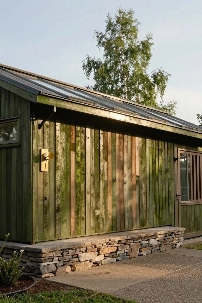 Side view of a small wooden outbuilding with green patinated vertical plank siding, skylight roof, yellow exterior light, stone foundation wall, and gravel path beside it.