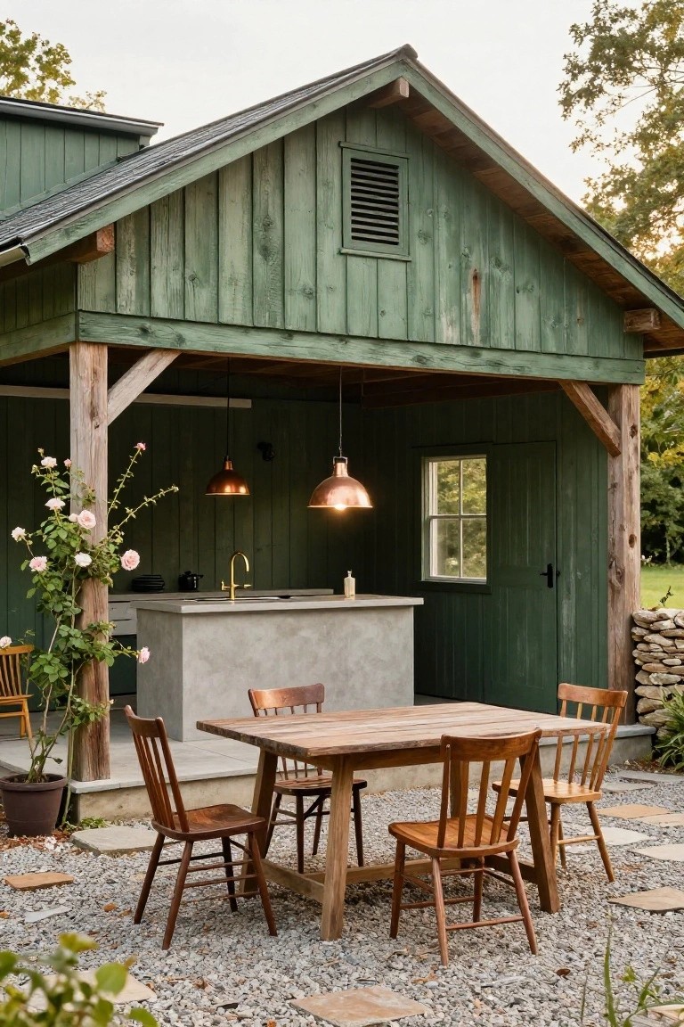 Green wood-sided barn structure with covered porch featuring concrete kitchen counter, gold faucet, two copper pendant lights, wooden dining table and four chairs on gravel patio, climbing roses on post, and stone wall nearby.