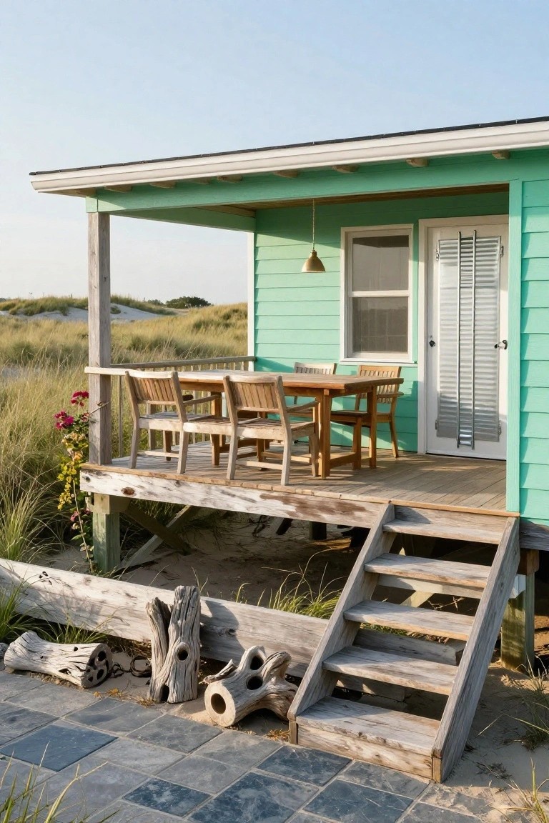 Mint green wood clapboard beach house elevated on wooden stilts with porch deck holding teak dining table and chairs, sliding door and window on side, steps down to slate path amid driftwood and sand dunes.