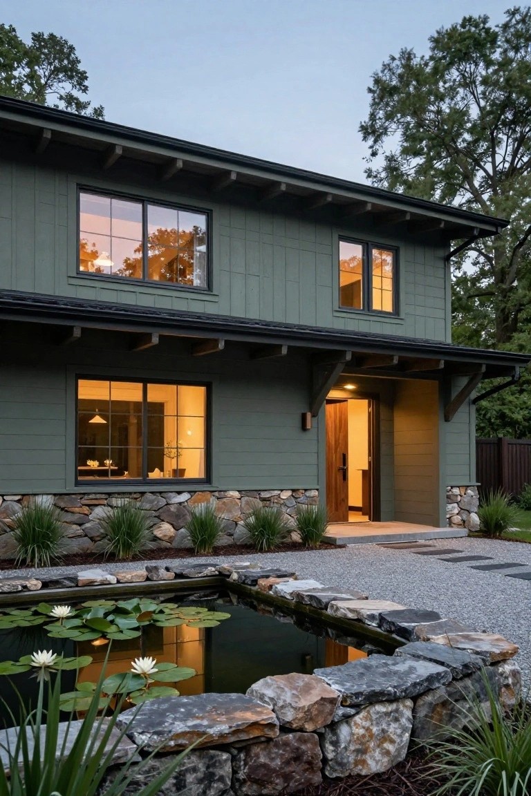 Exterior of a two-story house with sage green vertical board-and-batten wood siding, black-framed windows glowing warmly inside, wooden front door under a covered porch with exposed beams, stone base, and a foreground rectangular pond with water lilies edged in rocks amid gravel path and grasses at dusk.