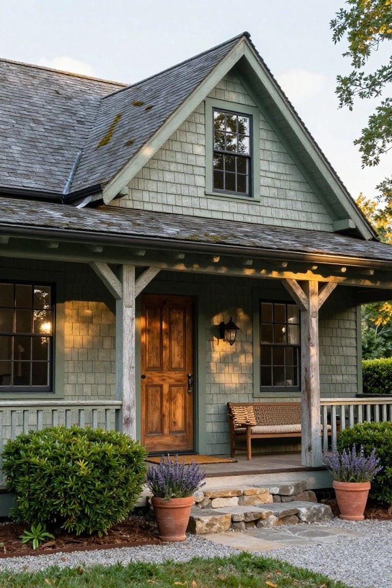 Sage green shingle-sided cottage house with gabled roof, wooden front porch supported by timber posts, paneled door, bench, lanterns, flanked by boxwood shrubs and potted lavender plants, stone entry steps to gravel path.