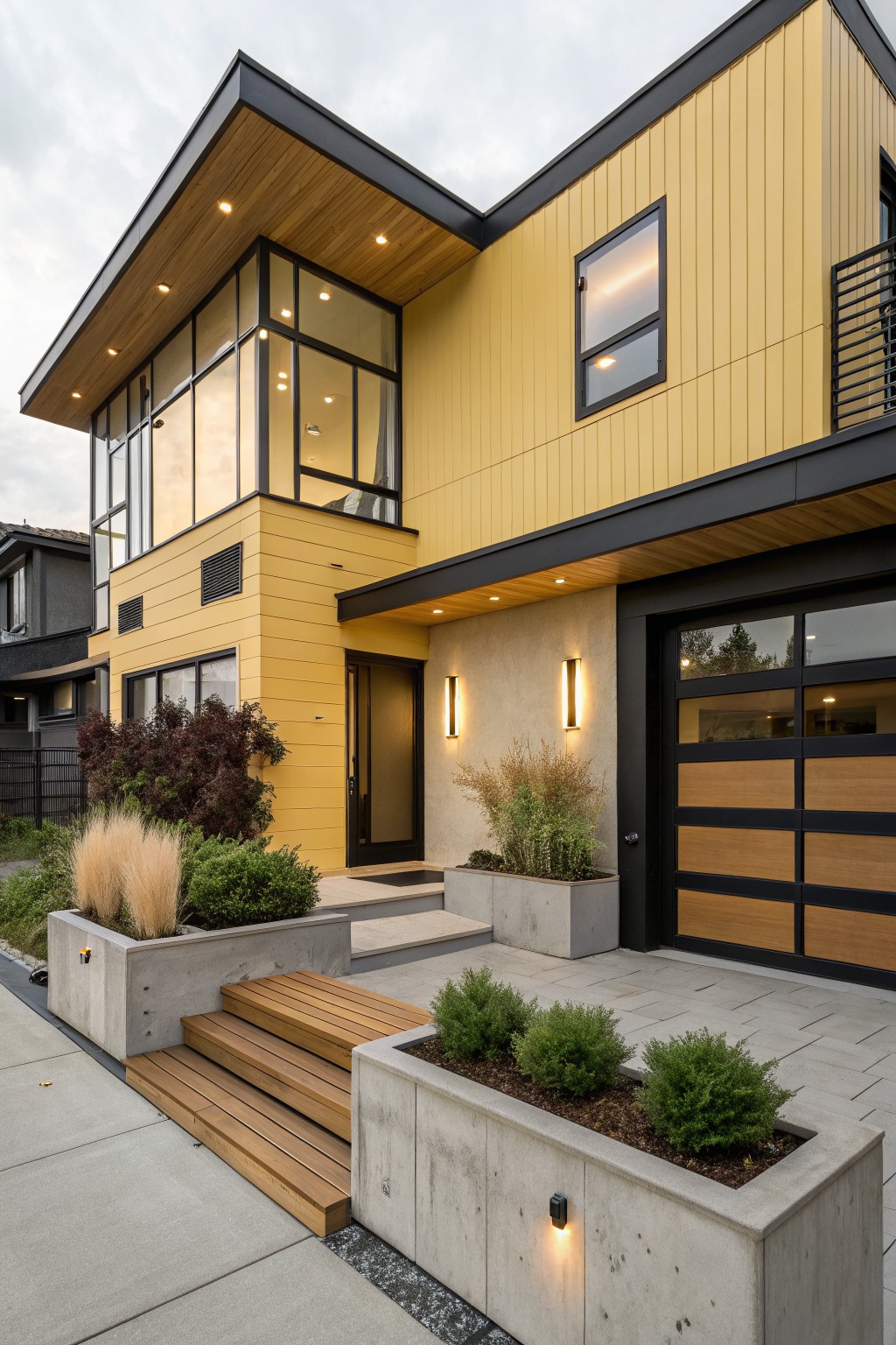 Modern two-story house exterior with yellow vertical siding, black metal roof edge and garage door, large glass windows, wood entry steps, concrete planters with grasses and shrubs, and integrated lighting.