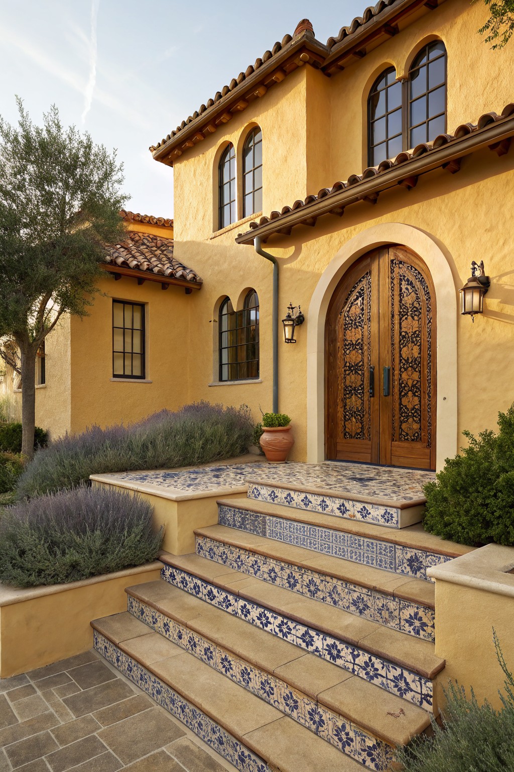 Yellow stucco house exterior with terracotta tile roof, large arched double wooden door featuring intricate carvings, blue and white patterned tile steps, wall lanterns, lavender bushes, and an olive tree.