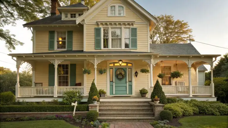 Two-story pale yellow house with white trim, gabled roof, covered porch, teal double front door with sunflower wreath, hanging plants, stone steps, brick path, and boxwood hedges.