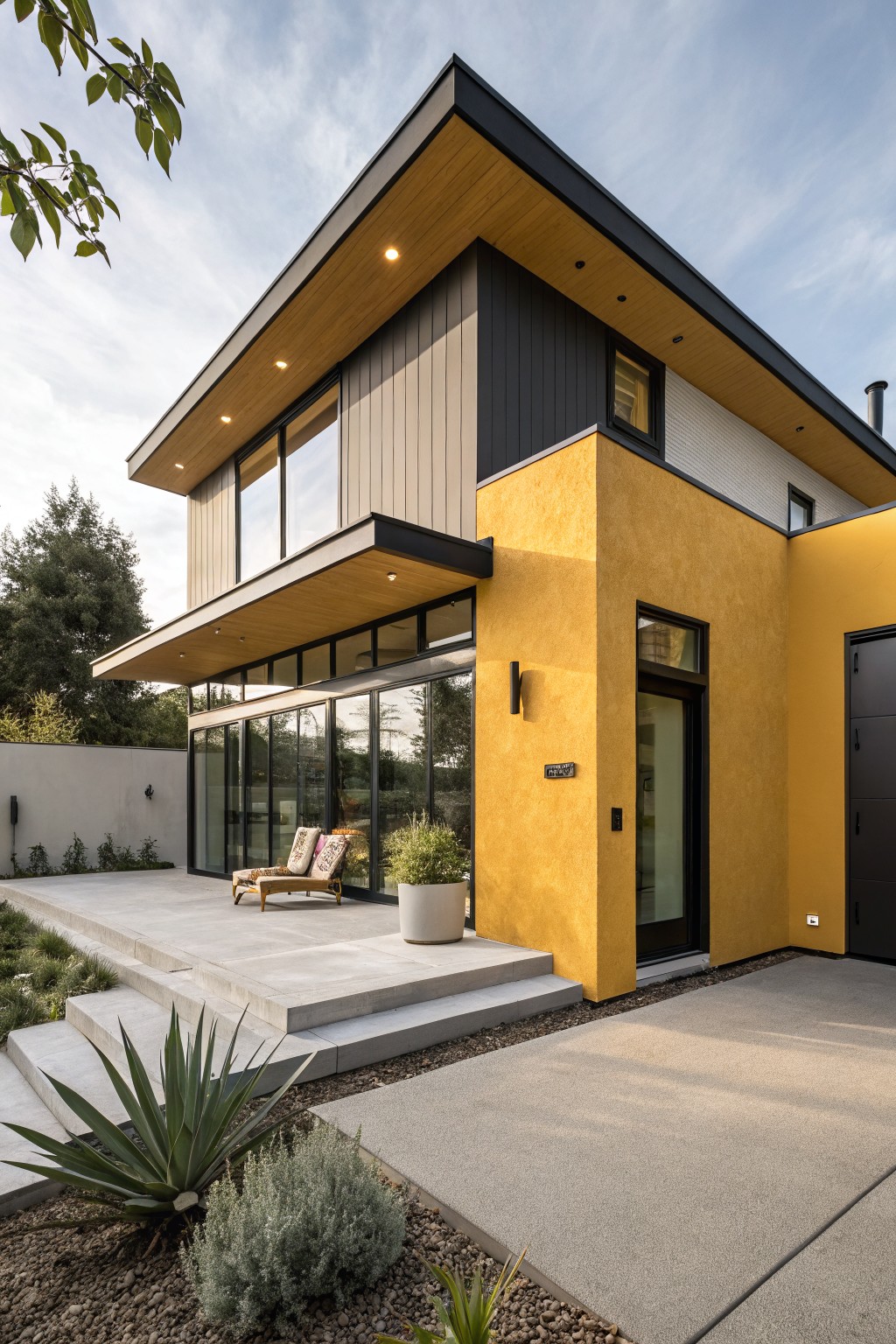 Corner view of a two-story modern house with yellow stucco wall, light wood cladding on upper levels, black-framed windows and doors, wooden overhang over a glass-walled patio, potted plants, lounge chair, and gravel landscaping with agave.