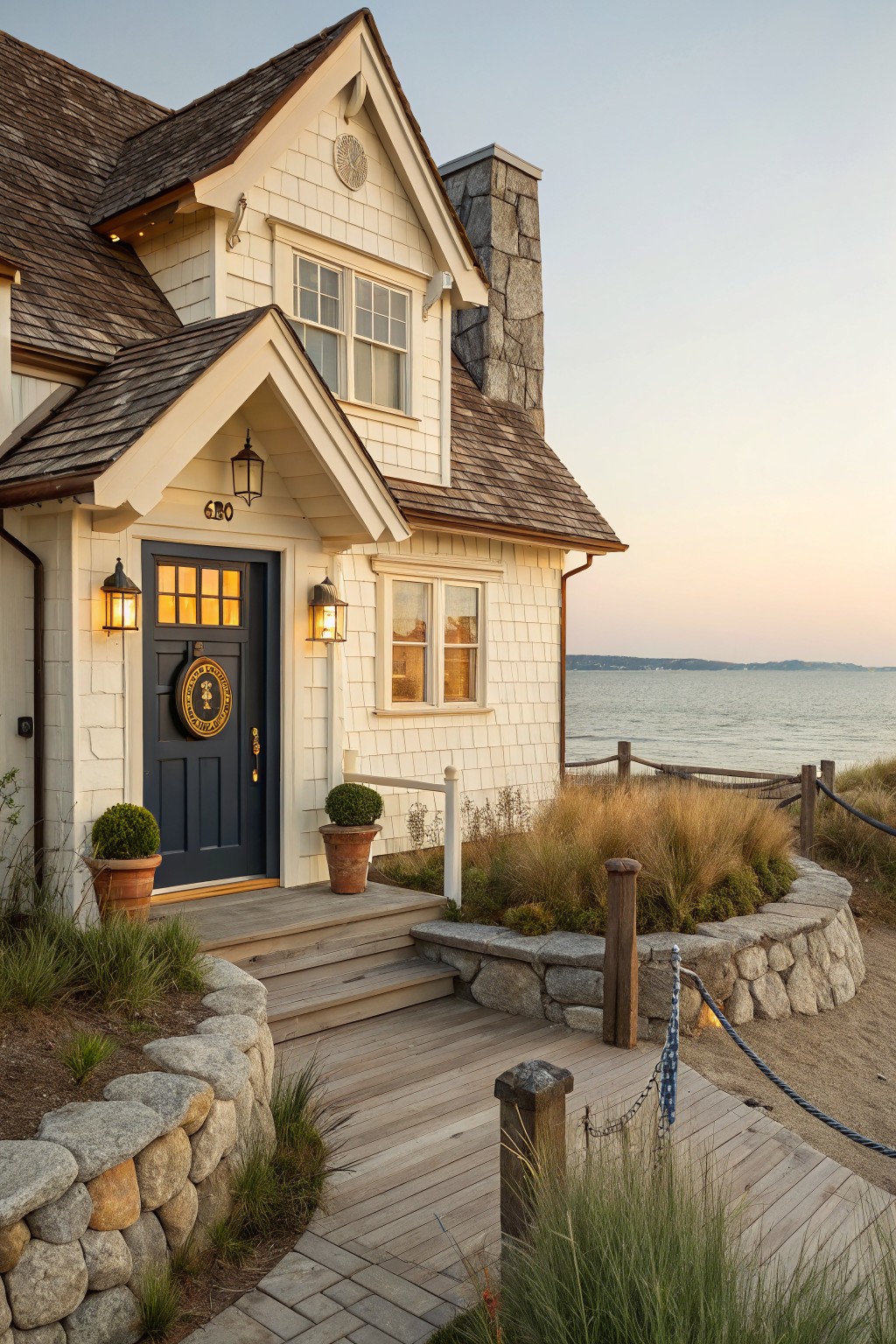 Pale yellow shingled house exterior with dark navy front door, brass knocker wreath, lanterns, stone chimney and walls, beach grass, wooden steps, and ocean view at sunset.