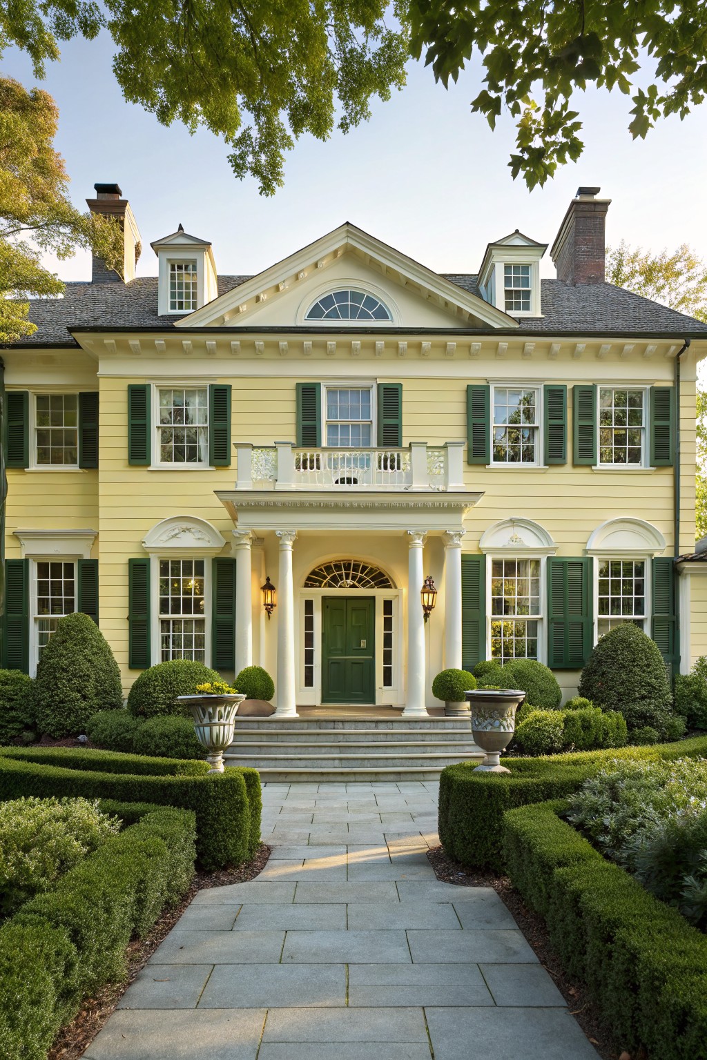 Front view of a two-story pale yellow house with green shutters, white columned portico entrance, lanterns, boxwood hedges, urns, and a stone walkway bordered by landscaping.