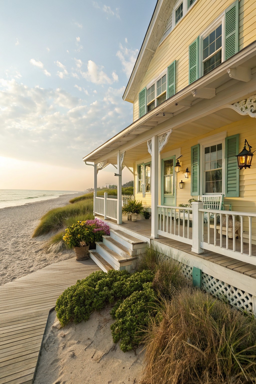 Pale yellow clapboard house with green shutters, white porch, and railing beside a wooden beach path through sand dunes and sea grass.