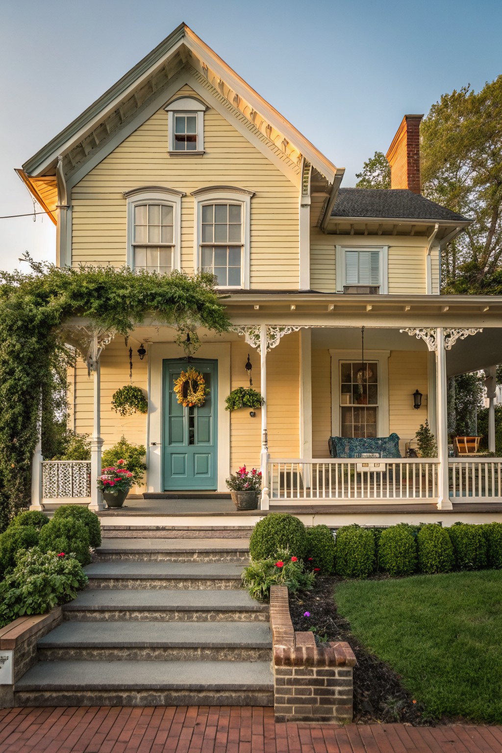 Two-story pale yellow house with white trim, gabled roof, covered porch, teal double front door with sunflower wreath, hanging plants, stone steps, brick path, and boxwood hedges.