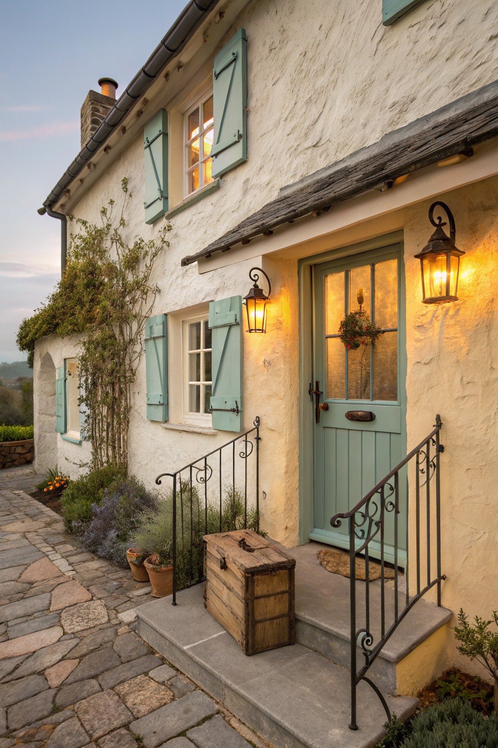 Pale stucco house exterior with seafoam green wooden door, matching shutters, wrought iron lanterns, climbing plants, potted greenery, wooden crate, stone pathway, and steps at dusk.