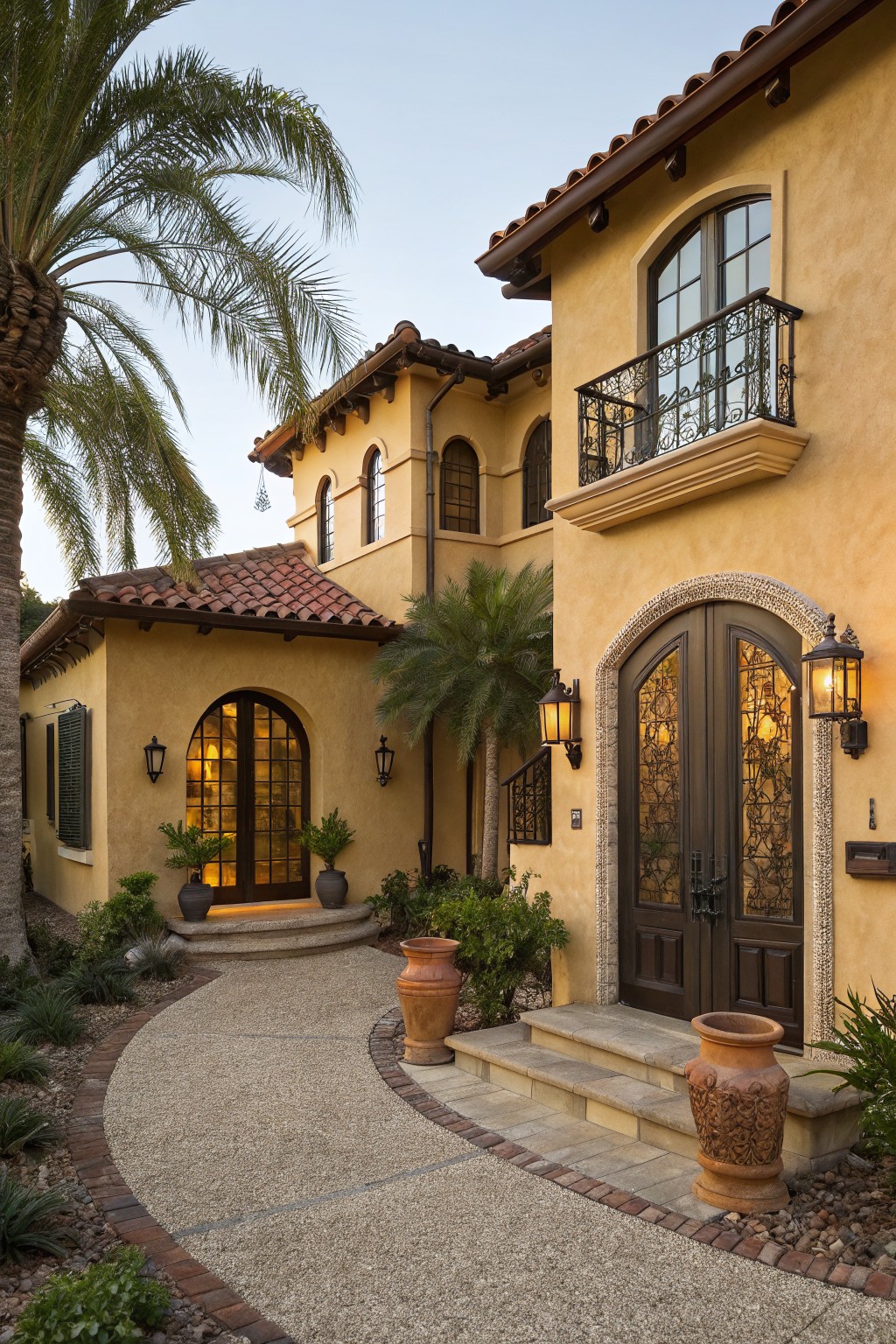 Two-story yellow stucco house exterior with terracotta tile roof, arched balcony with wrought-iron railing, large arched double entry doors with glass panels and iron grilles, wall lanterns, potted plants, palm trees, and curved pebble pathway to front steps.