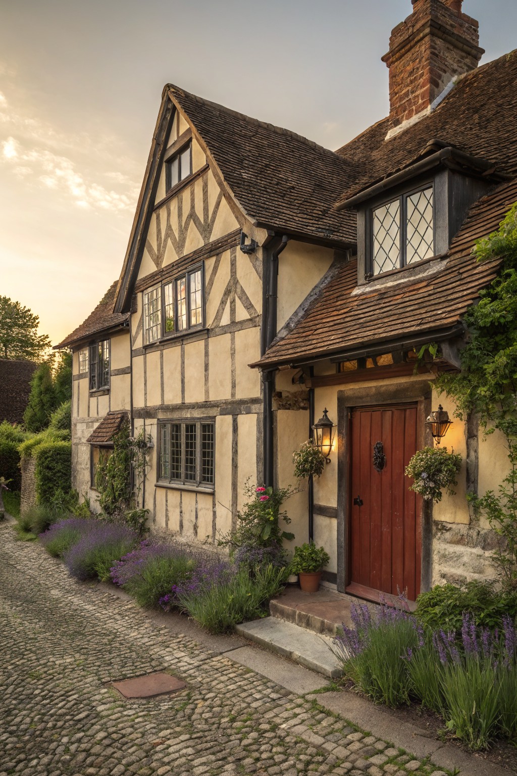 Half-timbered house exterior with pale yellow stucco walls, dark wooden beams, red front door flanked by lanterns, lavender plants bordering a cobblestone path, and climbing greenery at dusk.