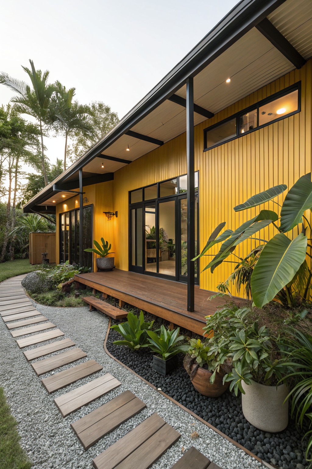 Side view of a single-story modern house with yellow vertical siding, black metal roof and frames on large glass doors and windows, wooden deck and steps, stepping stone path through gravel and plants, surrounded by tropical greenery and palm trees.