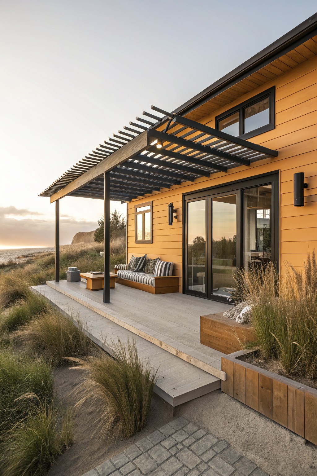 Yellow clapboard house exterior with black metal pergola over a wooden deck, black-framed glass sliding doors and windows, outdoor seating, and dune grasses near ocean dunes at sunset.