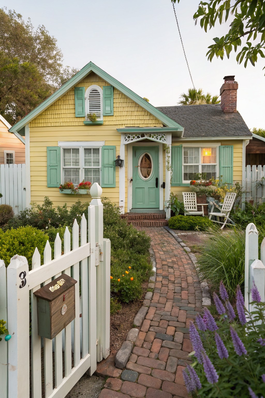 A small yellow shingled house with mint green shutters, trim, and oval front door, white picket fence with mailbox, brick pathway, potted plants, and garden landscaping.