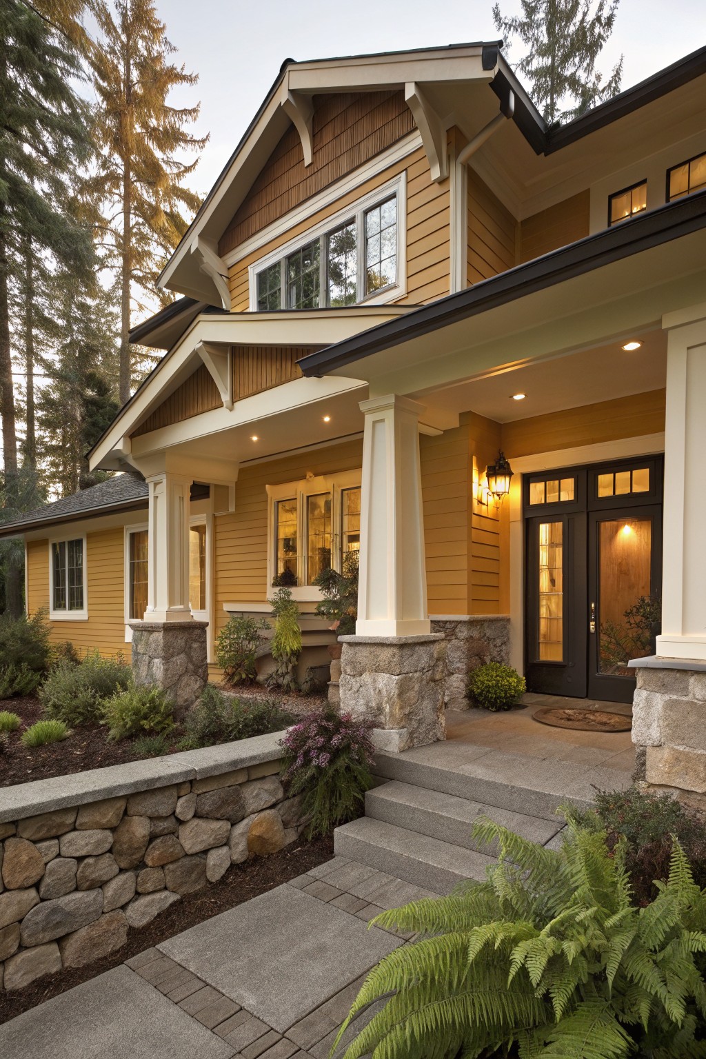 Front view of a two-story Craftsman-style house with yellow siding, wood shakes on gables, white trim, covered porch with stone columns and base, front door, steps, landscaping, and evergreen trees in the background.