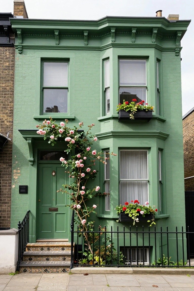A two-story green-painted Victorian terraced house with pink climbing roses framing the green front door, flower boxes with red geraniums on the windows, black iron railing, and tiled front steps on a paved sidewalk.