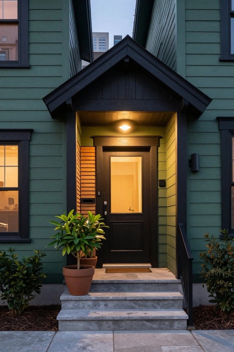 Kelly green house exterior with black wooden porch roof over a glass-front door, potted plant nearby, steps, and flanking shrubs at dusk.