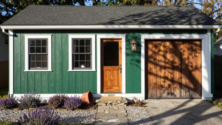 Green shingled two-story house with white trim, double-hung windows, wooden front door with lanterns, attached garage, stone entry path, and lavender plants in front yard.