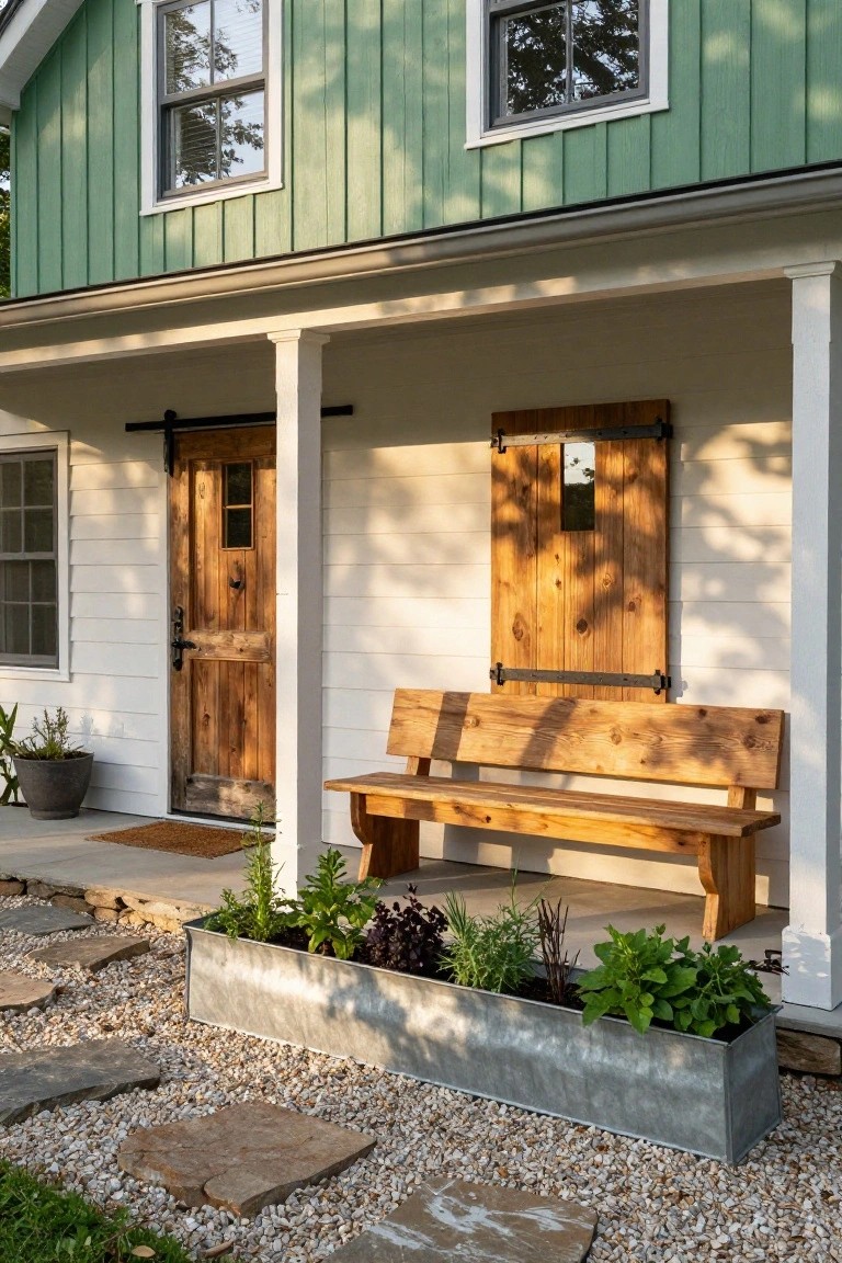 Kelly green board-and-batten sided house exterior with white trim, covered porch supported by columns, wooden front door and shutter, wooden bench, metal herb planter box, stone path, and gravel ground cover.