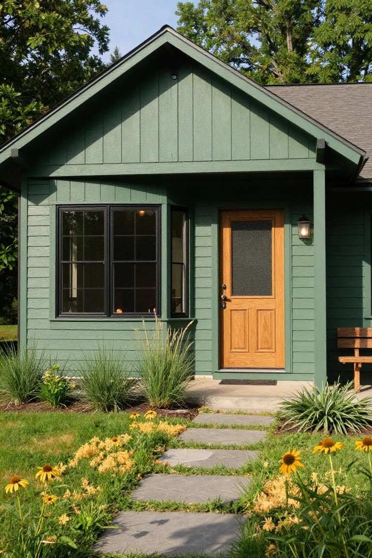 Small green board-and-batten house exterior with wooden front door, black-framed window, lantern light, stone pathway, ornamental grasses, and yellow flowers in the front yard.