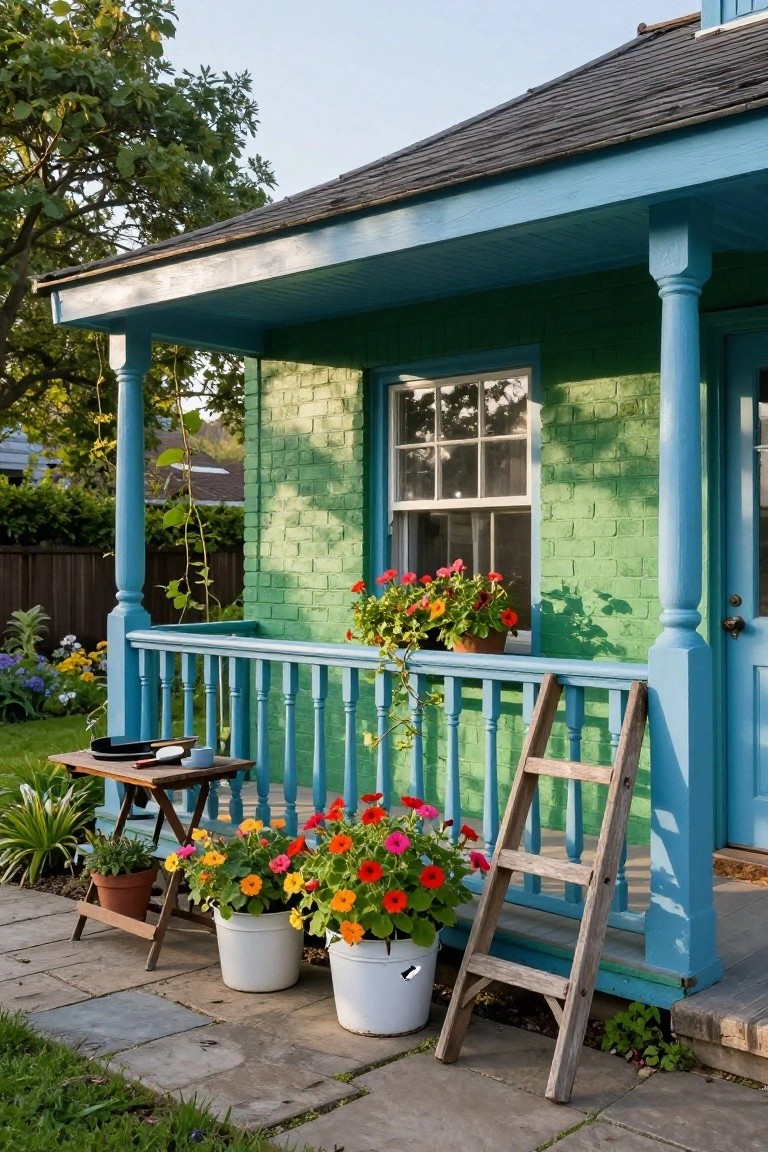Kelly green brick house with turquoise blue porch roof, posts, railing, and door, featuring potted colorful flowers on steps, a wooden ladder leaning on railing, and garden plants nearby.