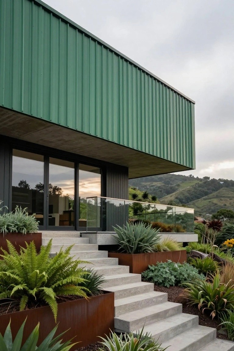 Modern house exterior with green corrugated metal siding on upper walls, black-framed sliding glass doors, concrete steps leading to an entry deck surrounded by agave and fern plants, viewed against a green hillside under cloudy skies.