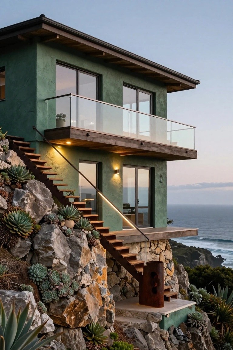 A two-story house with kelly green stucco exterior perched on a rocky cliffside overlooking the ocean, featuring wooden stairs lined with succulents leading to a glass-railed balcony.