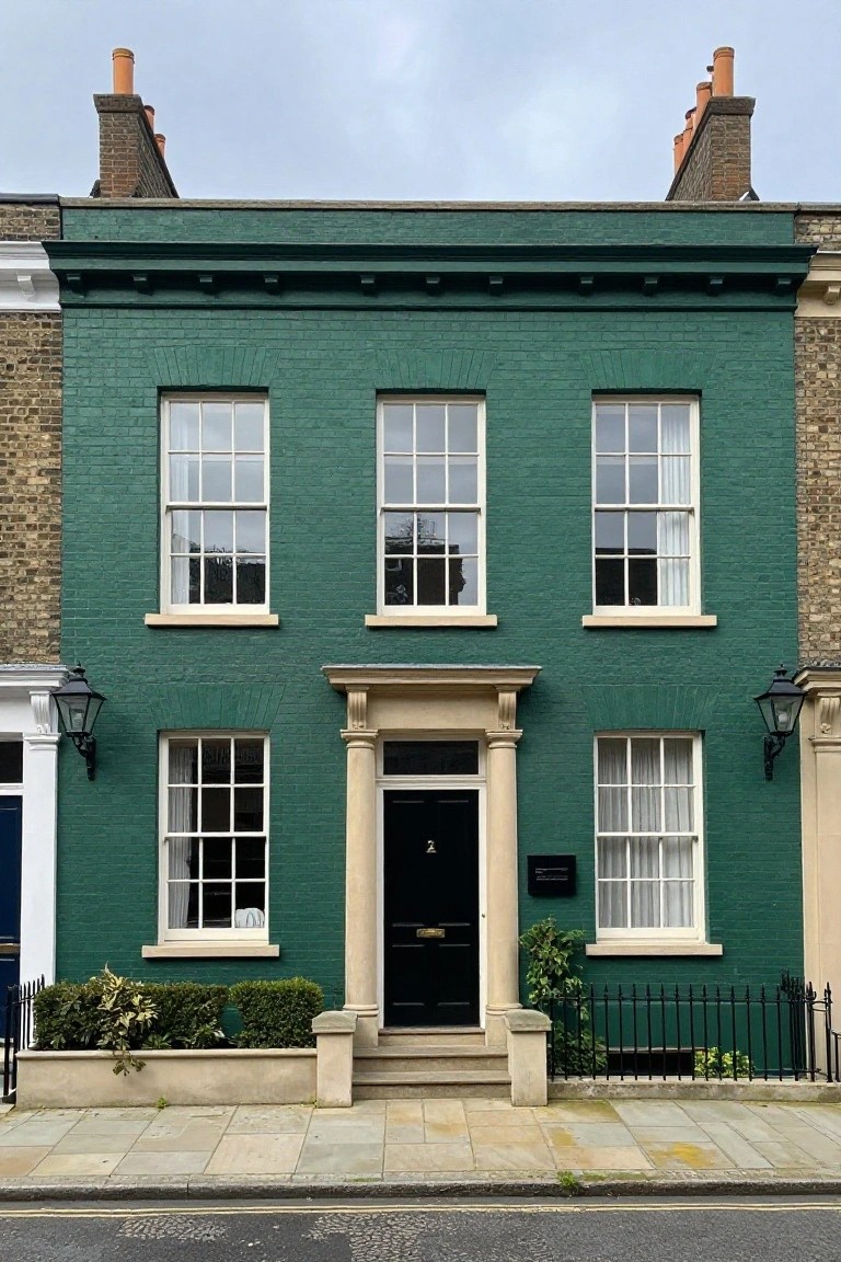 A two-story green-painted brick townhouse with white sash windows, black front door in a stone porch, lanterns, iron railings, and low shrubs in planters on a paved sidewalk.